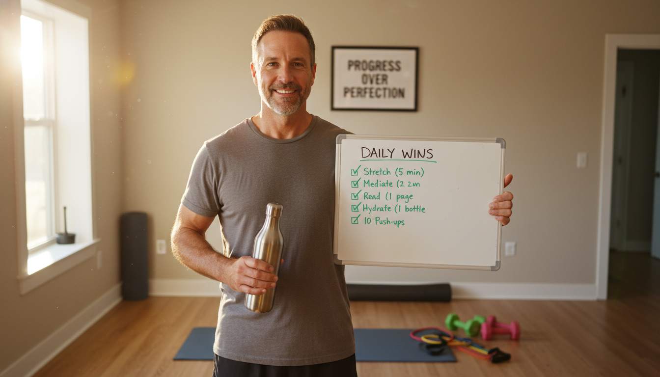 Man in his 40s celebrating small wins in a cozy home gym, holding a water bottle and checklist, symbolizing mental resilience and progress.