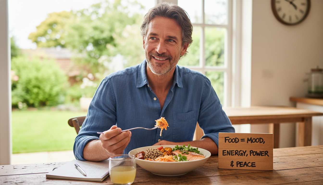 Mind-gut connection in men’s health showing how gut health affects mood, energy, and mental clarity