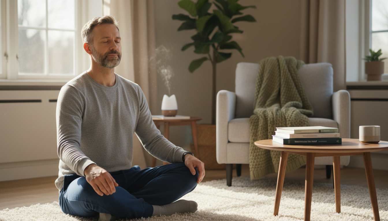 Man in his 40s practicing everyday mindfulness with coffee in a bright kitchen, illustrating “What is Mindfulness, Really?” for men
