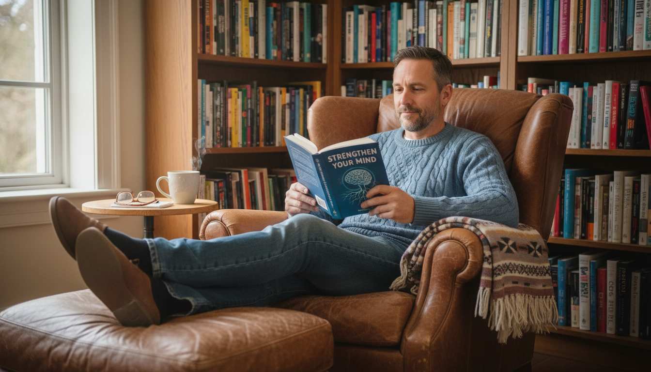 Man in his 40s reading personal development books in comfortable home library setting, representing mental resilience building through literature