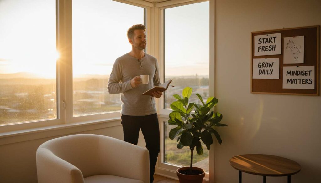 Man over 40 looking out a sunrise-lit window, holding coffee and journal, symbolizing a fresh mindset reset for 2026.