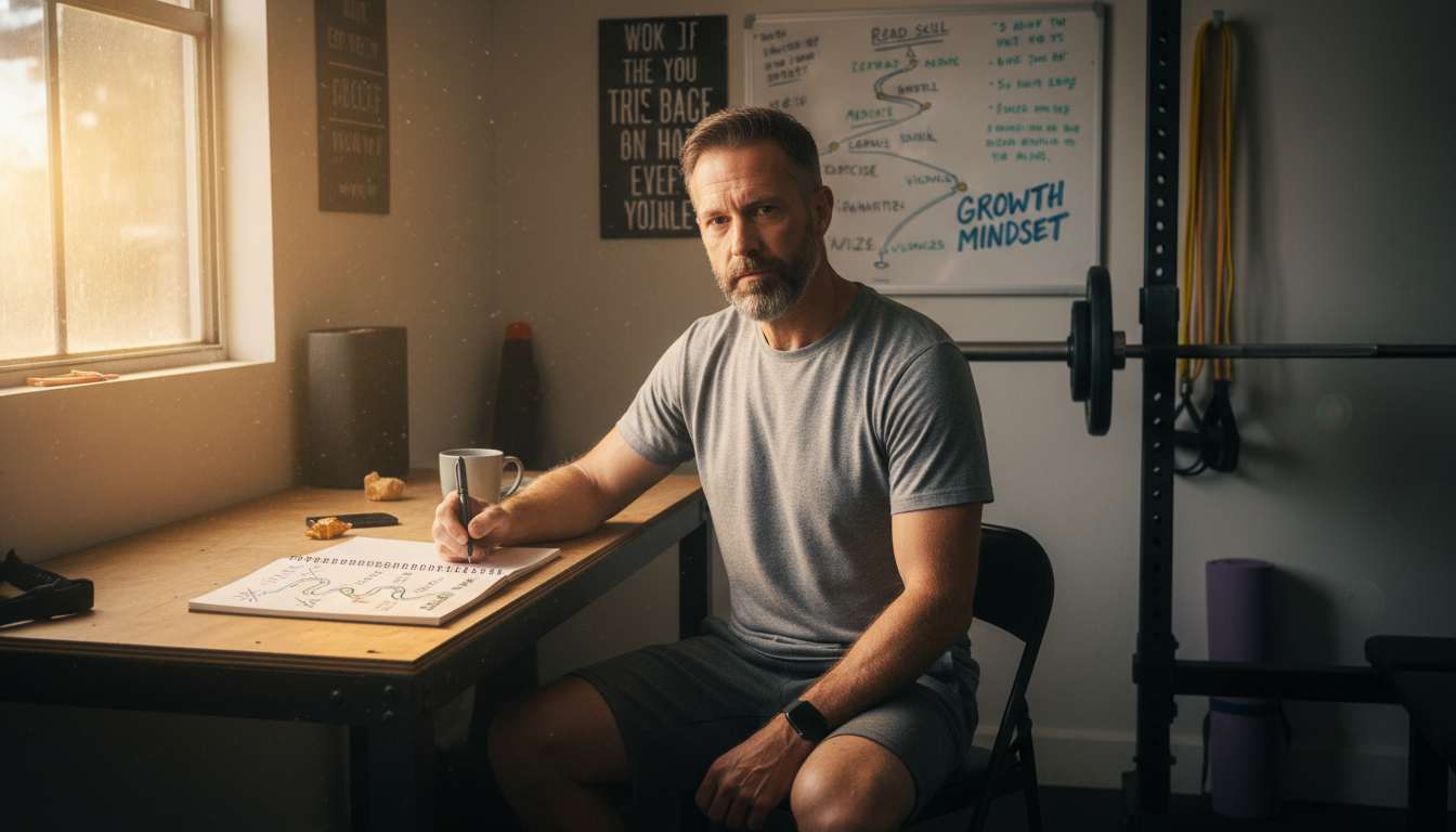 Mindset transformation roadmap for men over 40 with notebook and pen