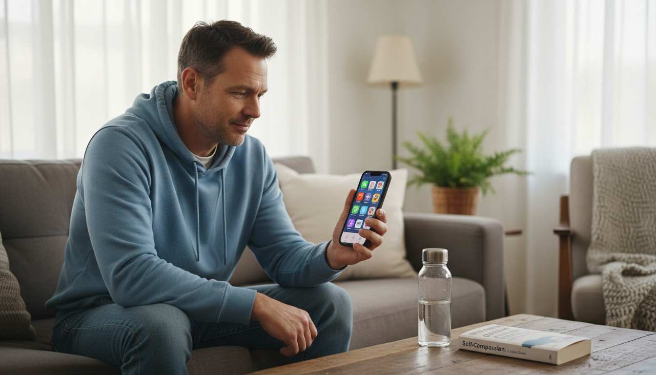 Friendly man in his 40s using a smartphone at home to access mental health apps for stress relief and wellness.