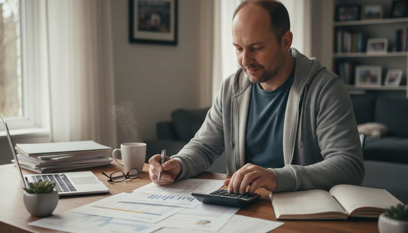 Man in his 40s reviewing financial documents and using calculator at home desk, representing wealth building habits and money management after 40
