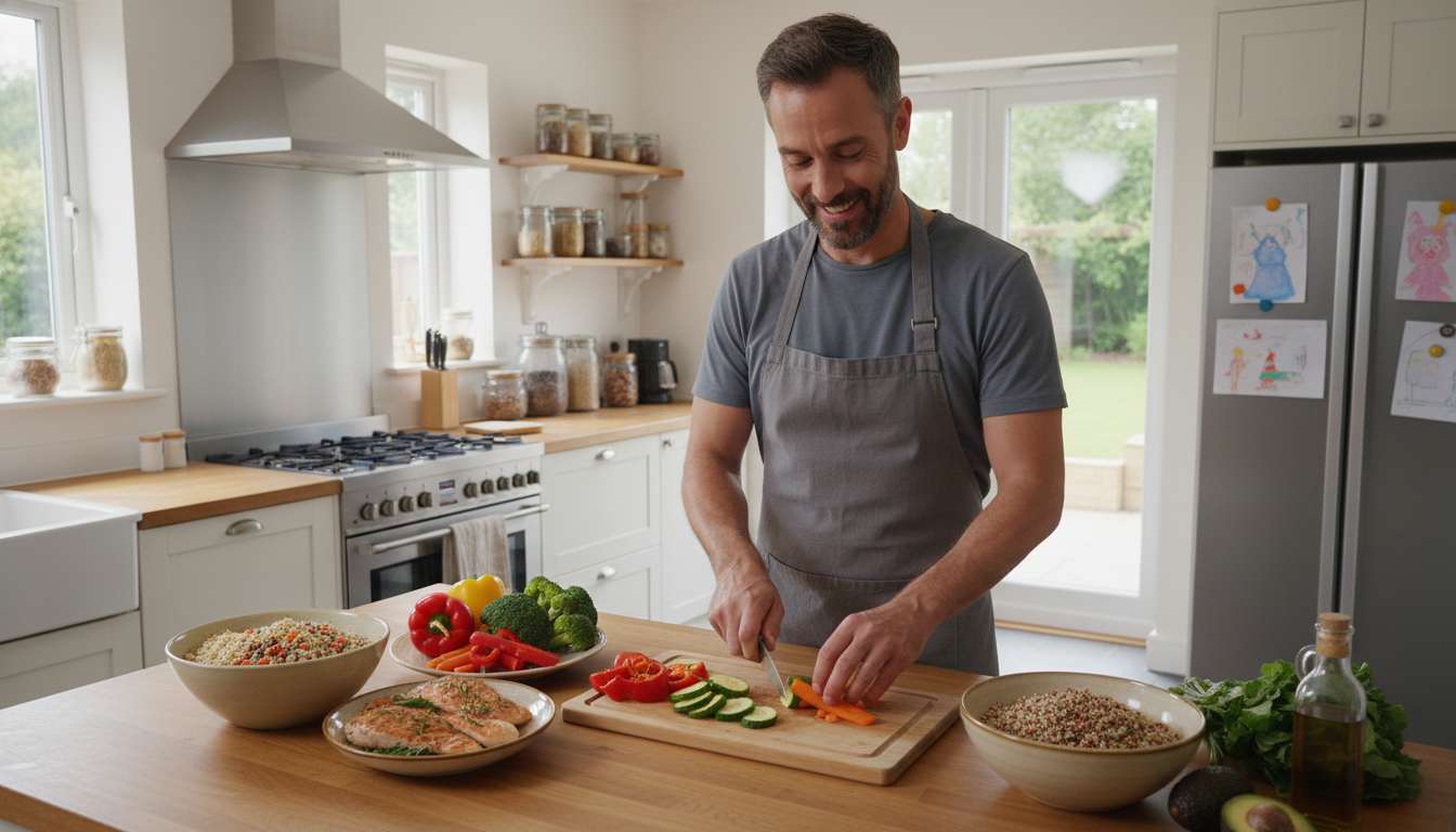 Man in his 40s preparing healthy whole foods in home kitchen including vegetables, proteins, and grains for energy and nutrition