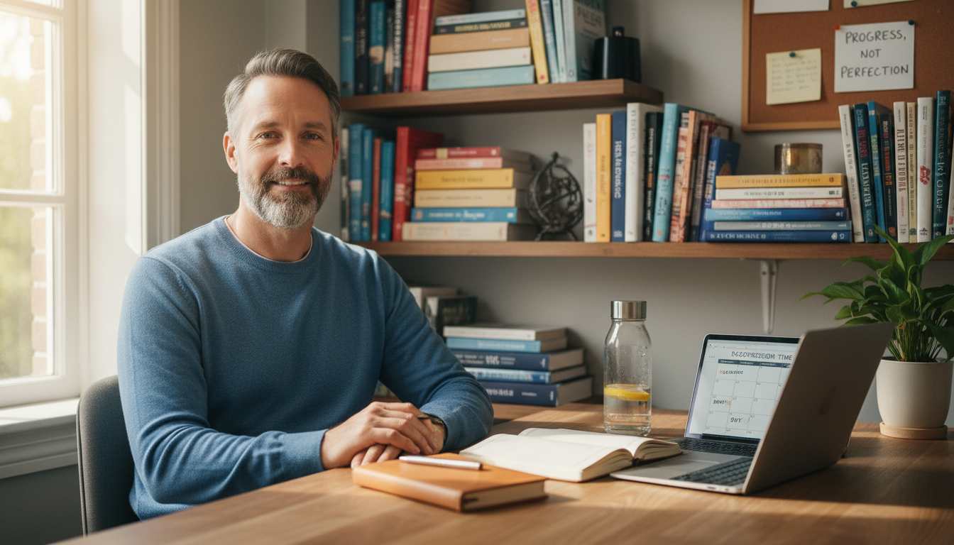 Relatable man in his 40s taking a thoughtful break at a home office desk, symbolizing recovery from burnout at work and work-life balance.
