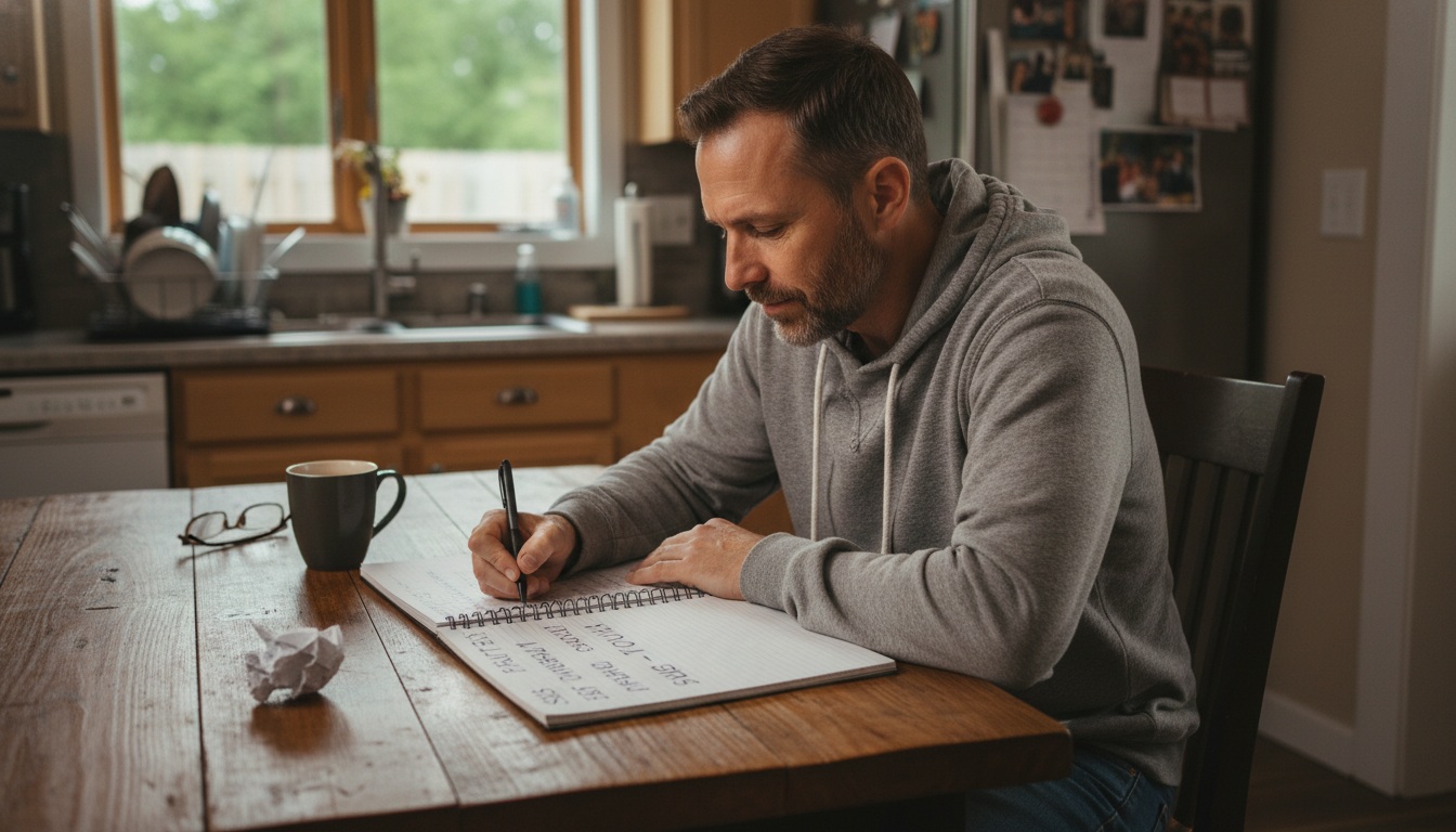 Man in his 40s journaling at kitchen table to overcome self-doubt and defeat his inner critic