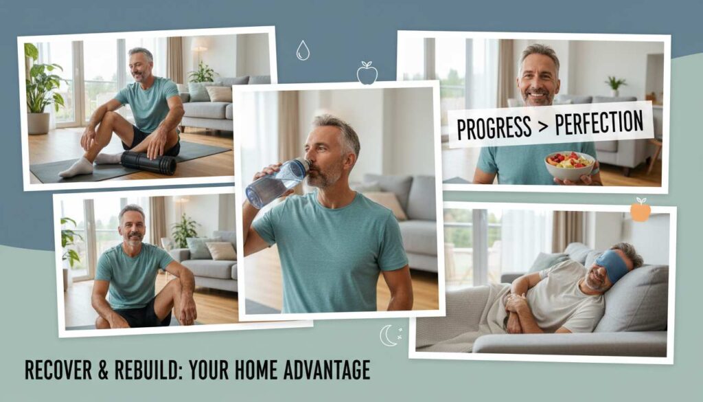 Collage of a man in his 40s using a foam roller, drinking water, preparing a healthy snack, and resting with a sleep mask, showing all aspects of post-workout recovery