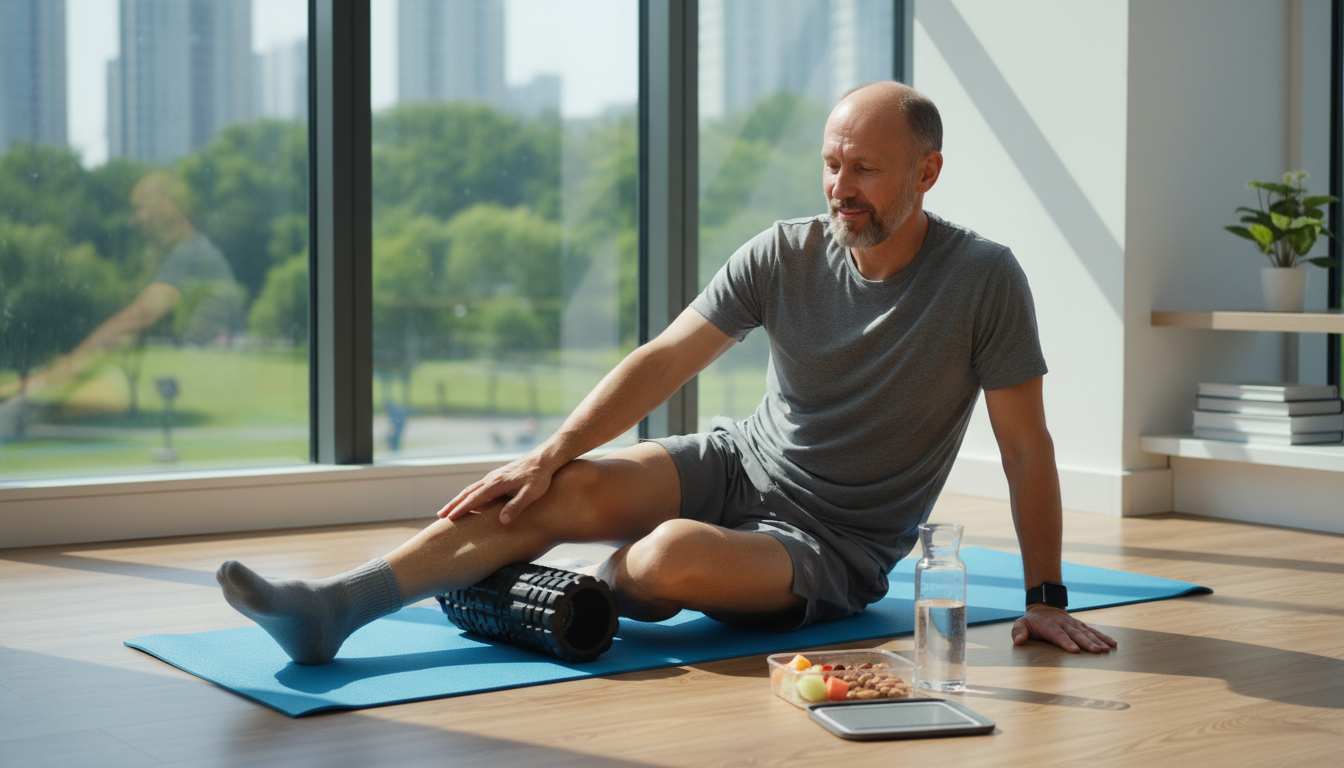 Man in his 40s using a foam roller at home after a workout, with water bottle and healthy snacks for post-workout recovery