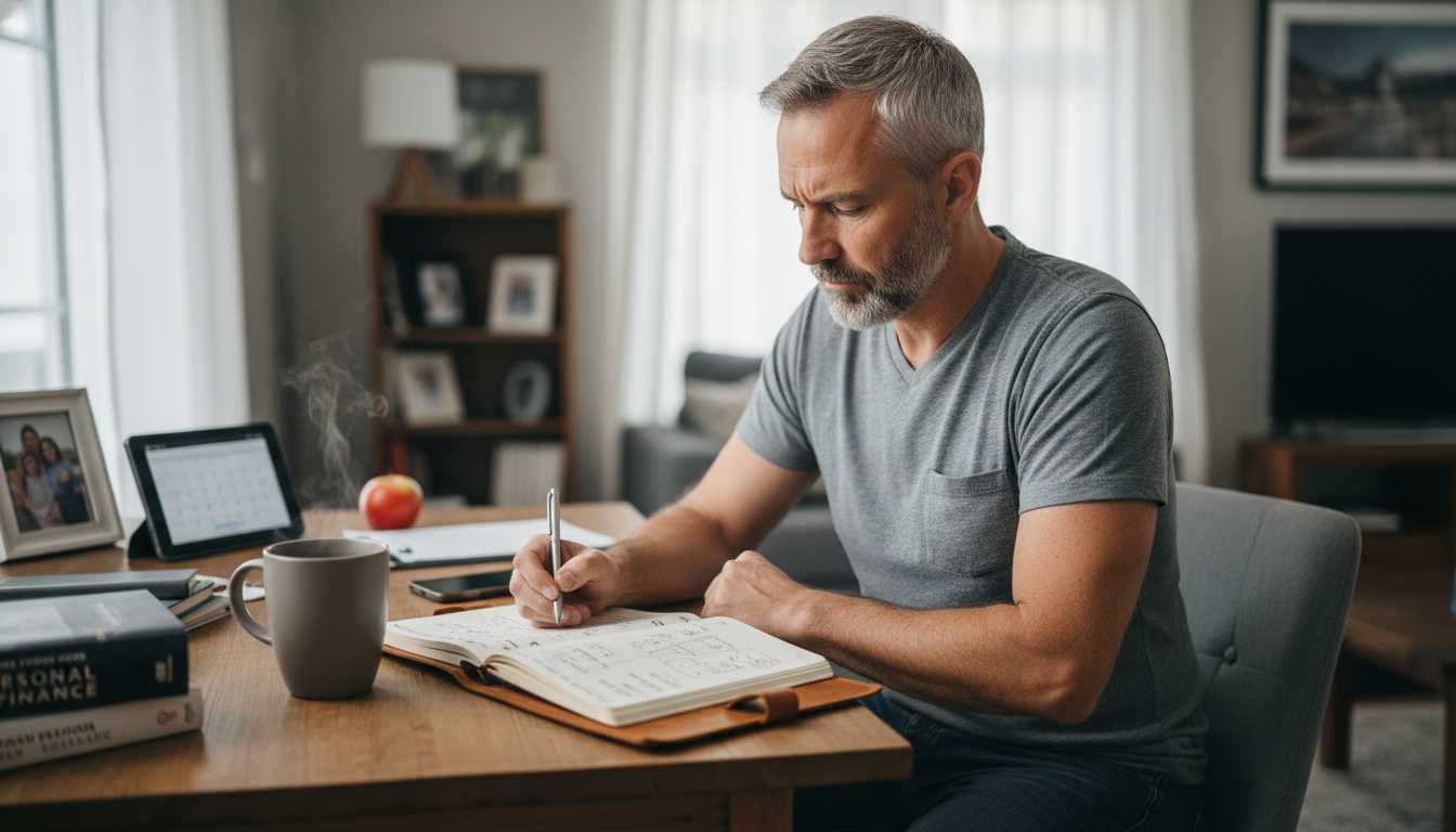 Confident man in his 40s sitting at home office desk with notebook and coffee, planning solutions to life challenges, representing problem-solving strategies for men over 40