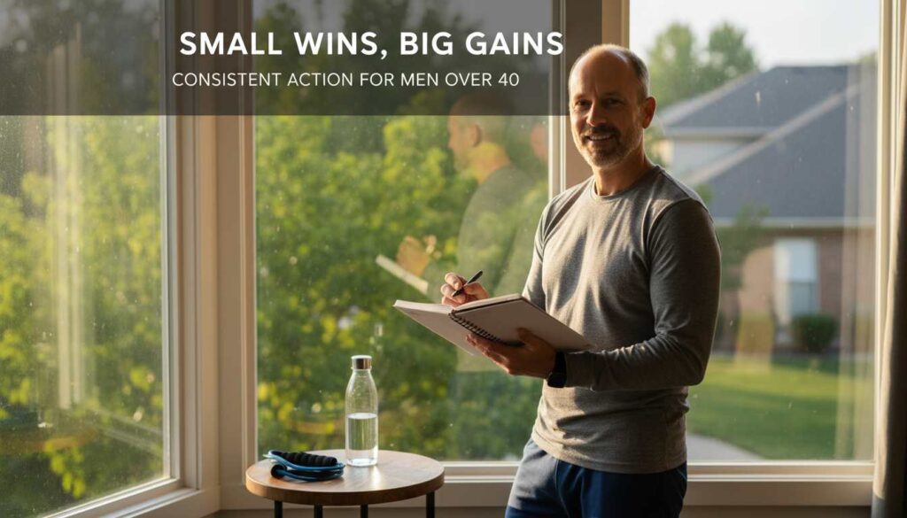 Man in his 40s checking off a small win in daily planner, progress not perfection