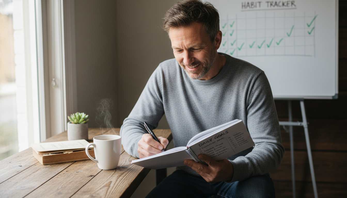 Man in his 40s writing daily goals in notebook showing psychology of consistency and small daily actions for habit formation