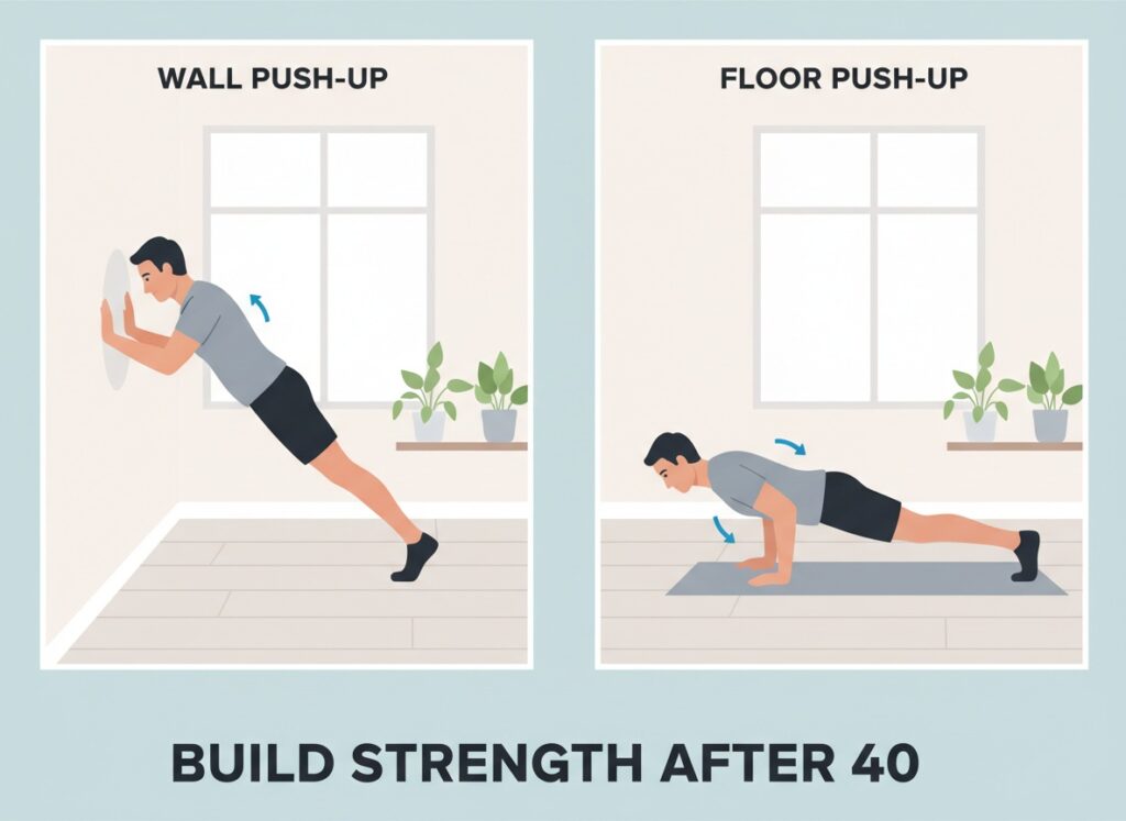 Step-by-step illustration of a man over 40 performing wall and floor push-ups at home