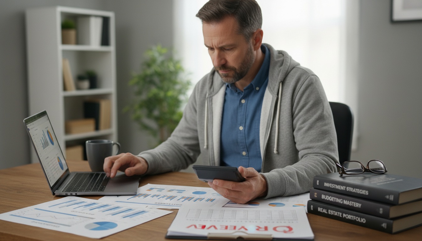 Professional man in his 40s reviewing financial documents and charts at home office desk with calculator and laptop, representing Q3 financial planning and quarterly money review