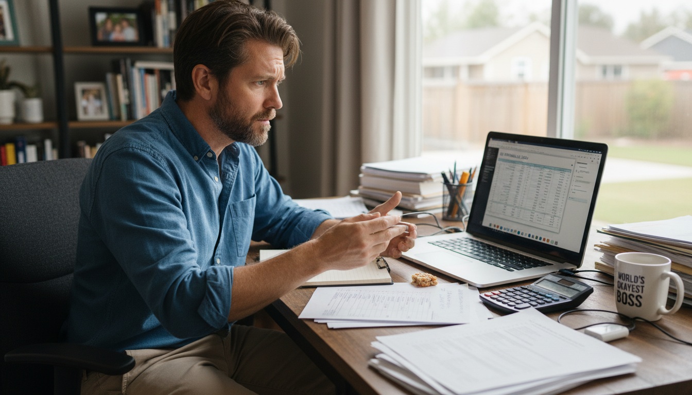 Man in his 40s conducting Q3 financial review at home office desk with laptop, calculator, and financial documents