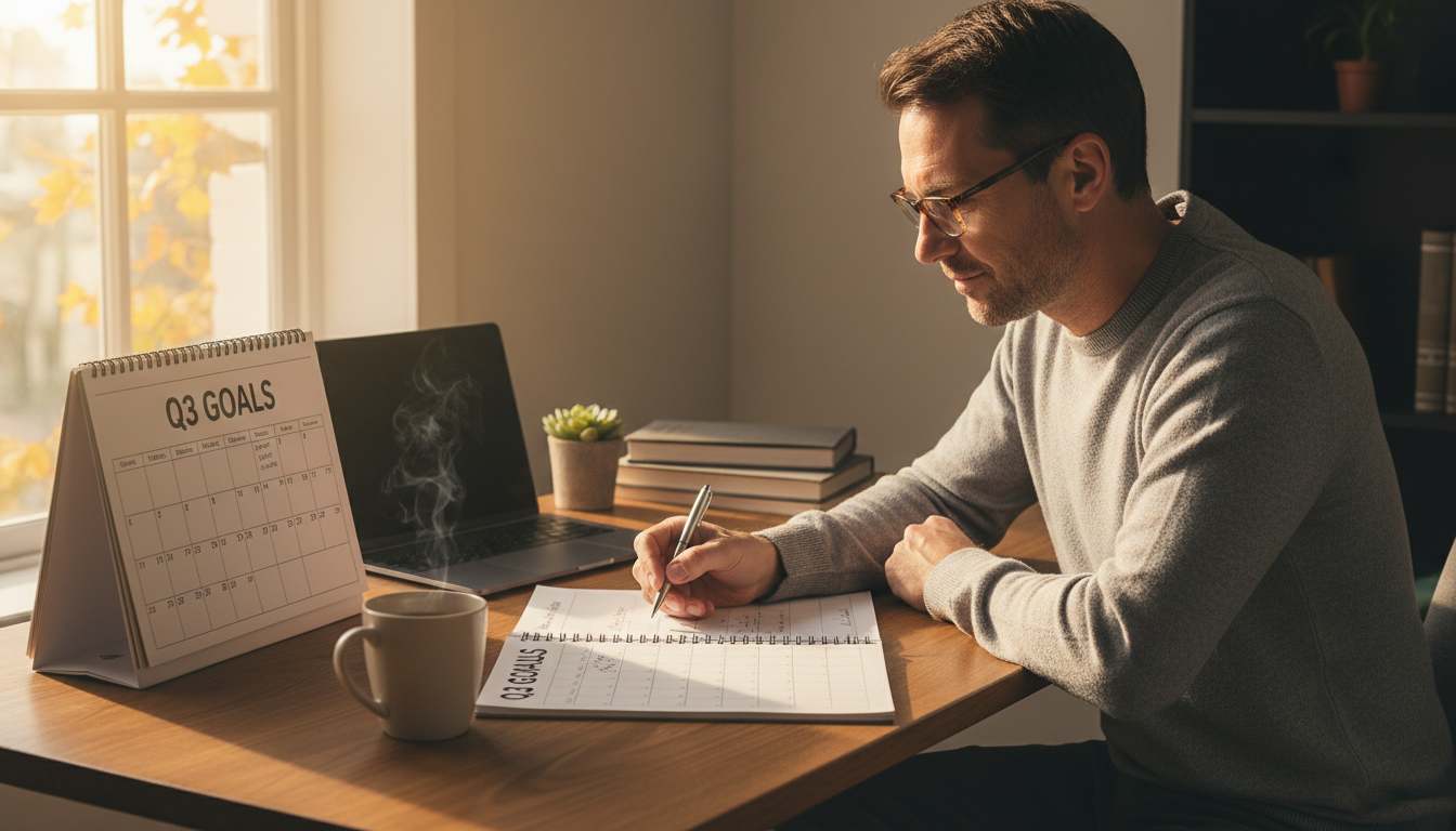 Professional man in his 40s planning Q3 goals at organized desk with calendar, notebook, and coffee in warm autumn lighting