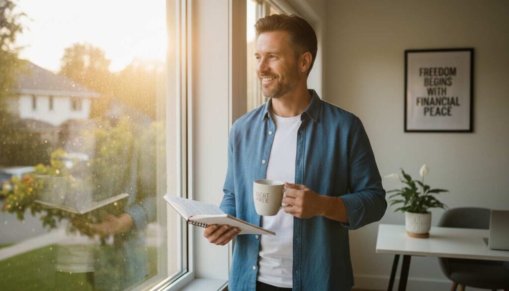 Hopeful man in his 40s smiling by window, ready to start debt-free journey