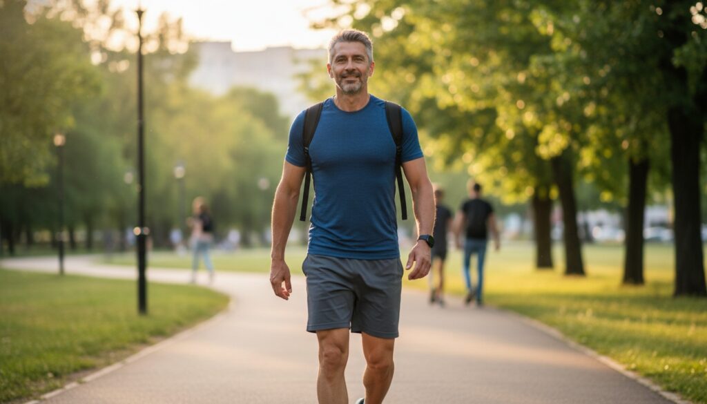 Man over 40 walking confidently after 30 days of consistent exercise showing realistic fitness progress and improved posture