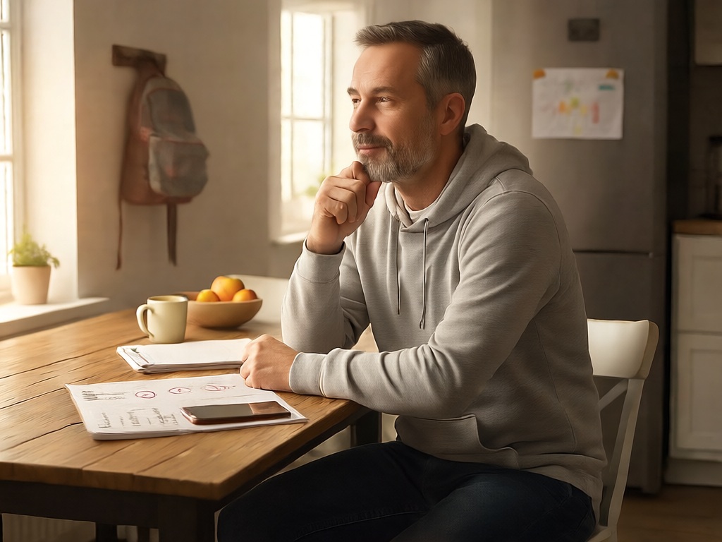 Man in his 40s planning side hustles at home with calendar and to-do list, realistic options for men over 40 in 2026