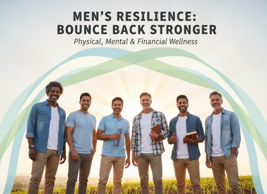 Group of diverse men over 40 standing together outdoors, symbolizing resilience, support, and new beginnings.