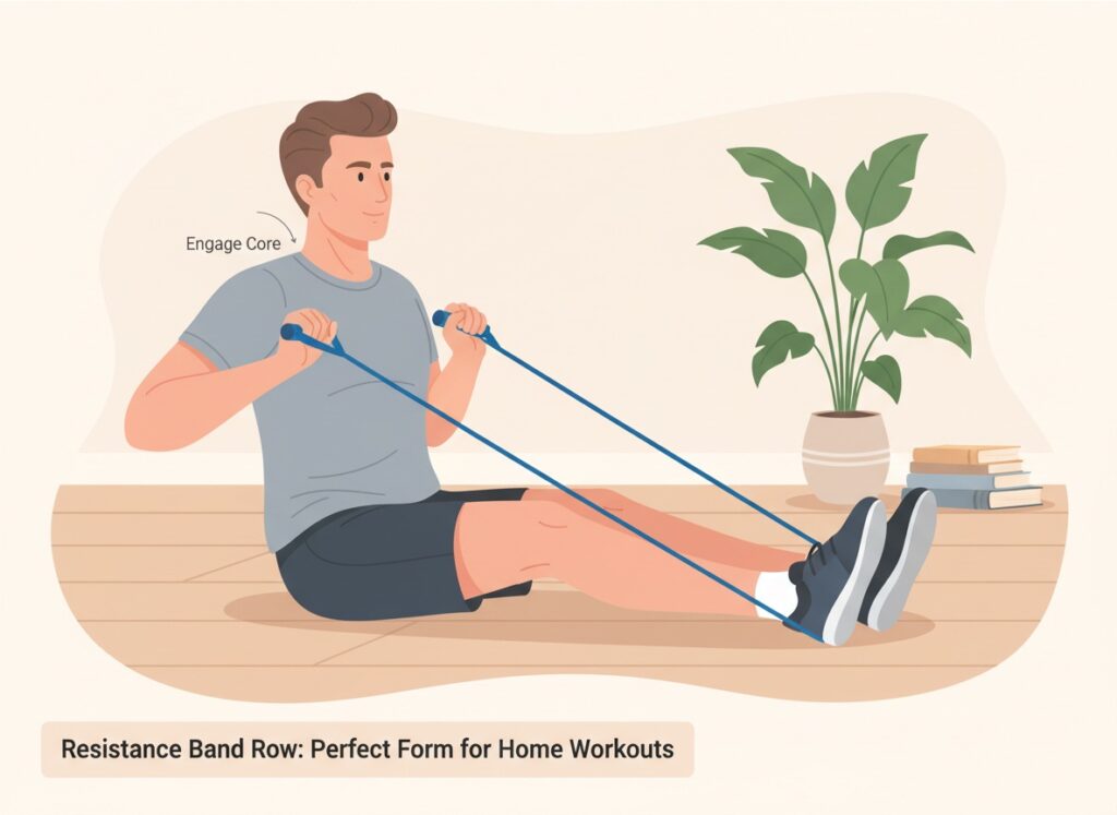 Illustration of a man over 40 performing resistance band rows at home
