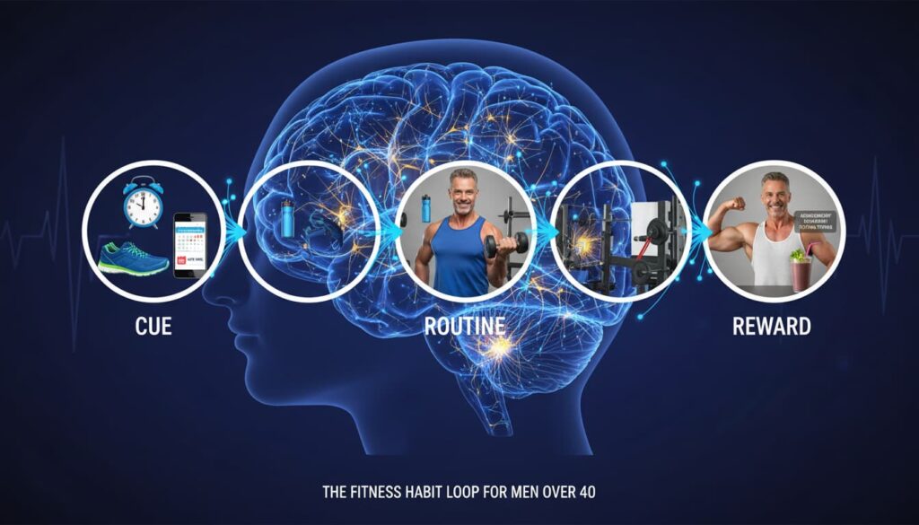 Professional diagram showing habit loop components - cue, routine, and reward - with brain neural pathways illustrated for men over 40 fitness habits