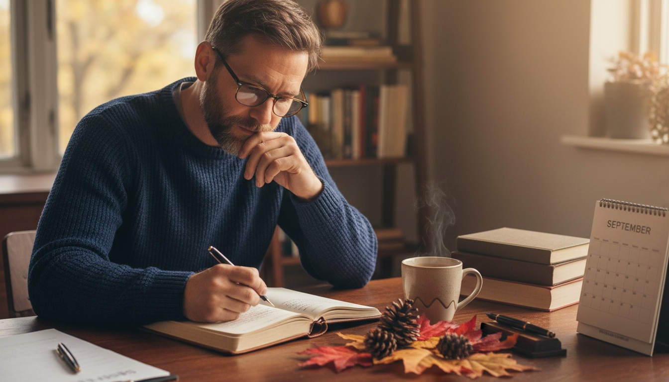 Professional man in his 40s writing in journal at organized desk with autumn leaves and coffee, representing September fresh start psychology and adult back-to-school reset mindset