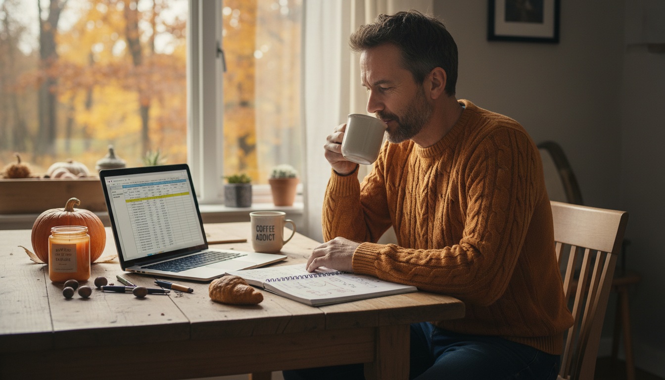 Man in his 40s planning multiple income streams at kitchen table with laptop and notebook during autumn season
