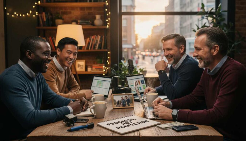 Diverse group of men in their 40s and 50s celebrating side hustle success, community support for men over 40 in 2026