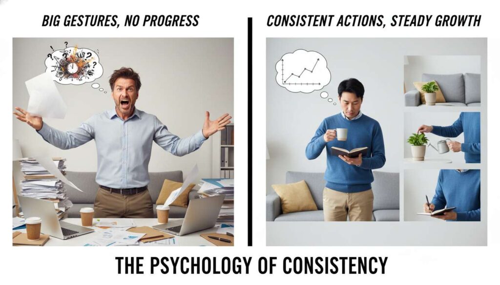 Comparison showing overwhelmed man with big gesture approach versus calm man doing simple daily actions demonstrating psychology of consistency