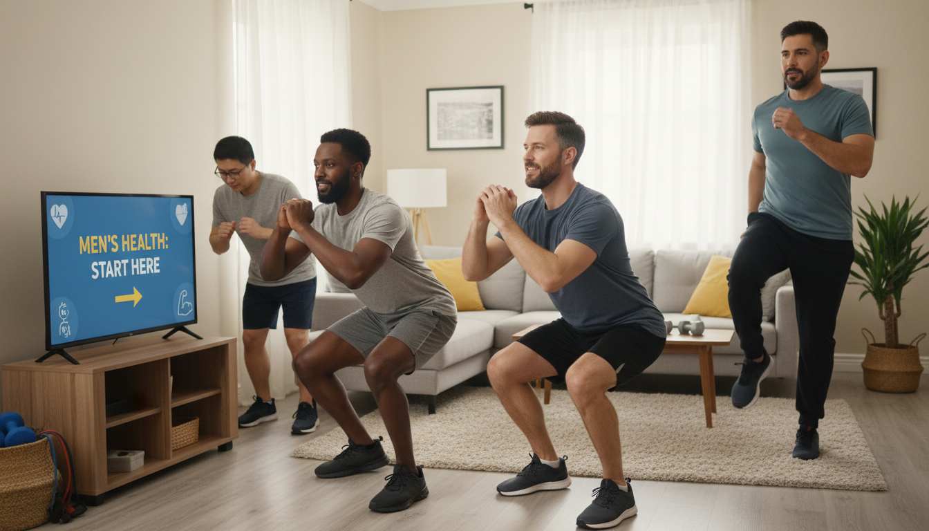 Diverse group of men in their 40s doing beginner home workouts—bodyweight squats, wall push-ups, and marching in place—in a casual living room, no equipment needed.