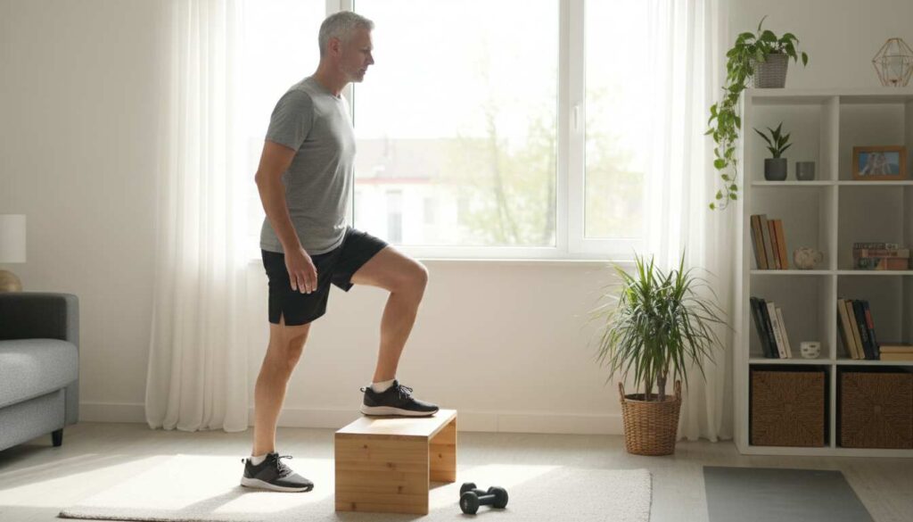 Man in his 40s performing a step-up on a platform at home, functional strength training