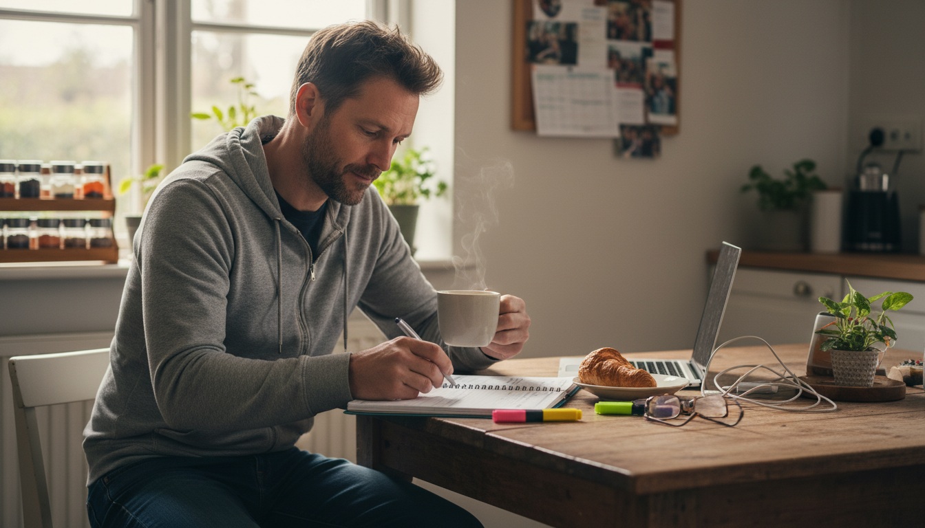 Man in his 40s doing Sunday reset routine with planner and coffee at kitchen table for weekly planning
