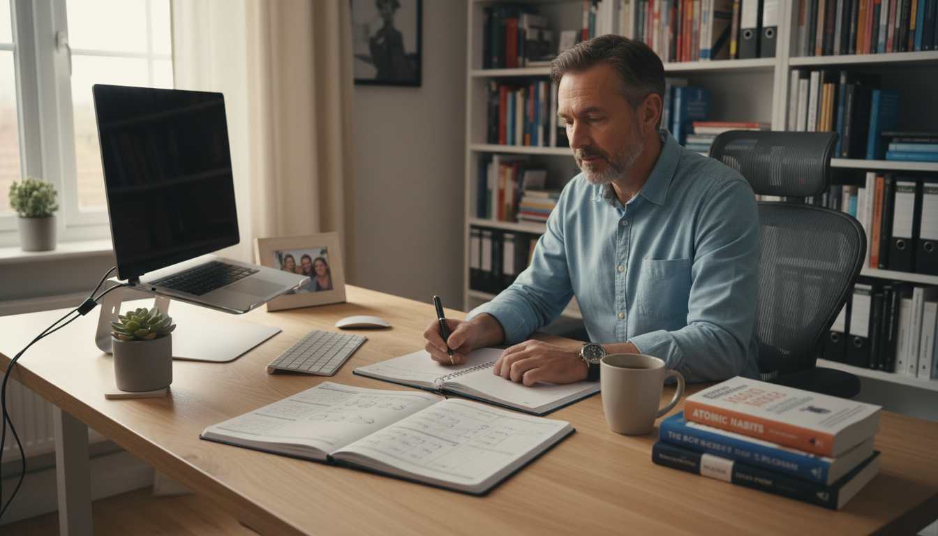 Man in his 40s creating systems for success by writing in planner at organized home office desk with coffee and books
