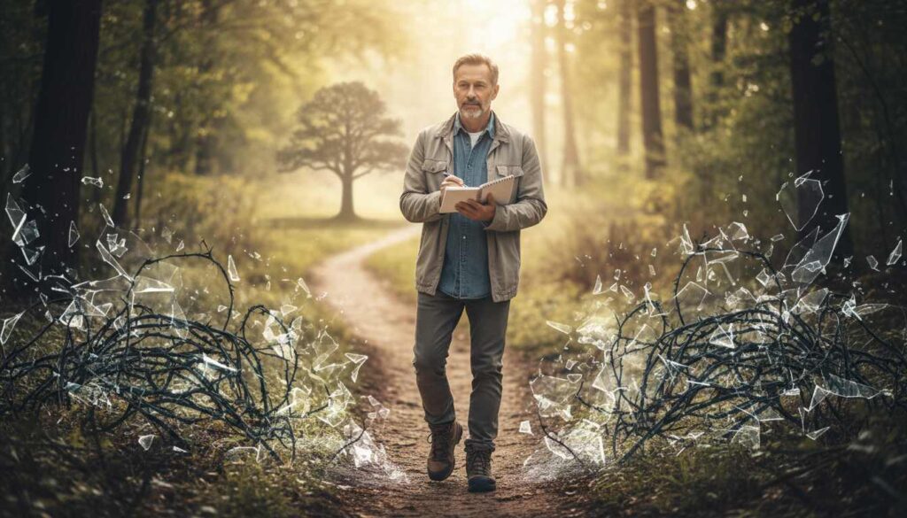 Determined man in his 40s taking first step on path to building mental resilience and overcoming barriers with notebook in hand