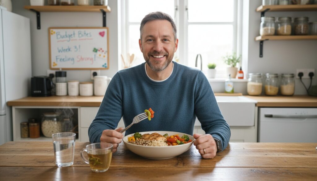 Man in his 40s enjoying healthy home-cooked meal looking satisfied and empowered after taking control of his nutrition on a budget