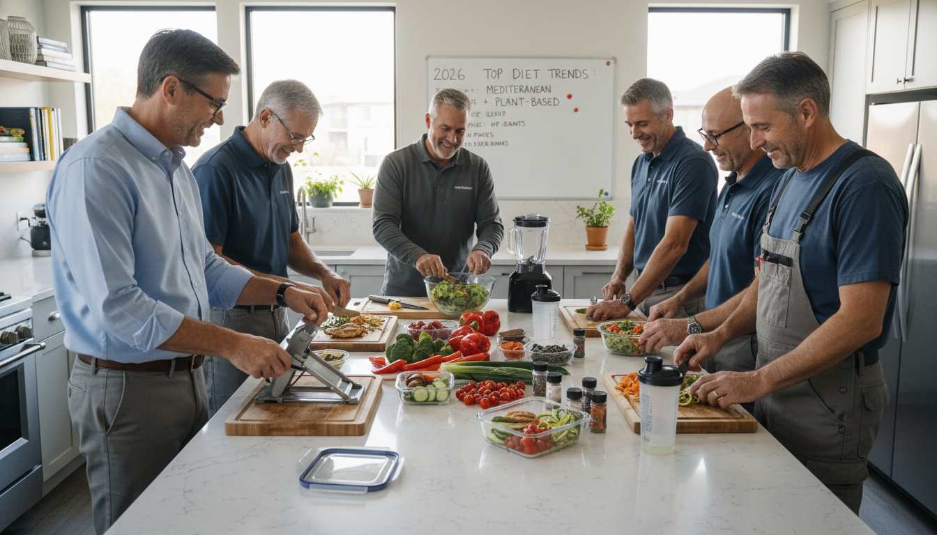 Diverse group of men over 40 preparing healthy meals together in a modern kitchen, representing affordable and practical diet trends for busy professionals in 2026