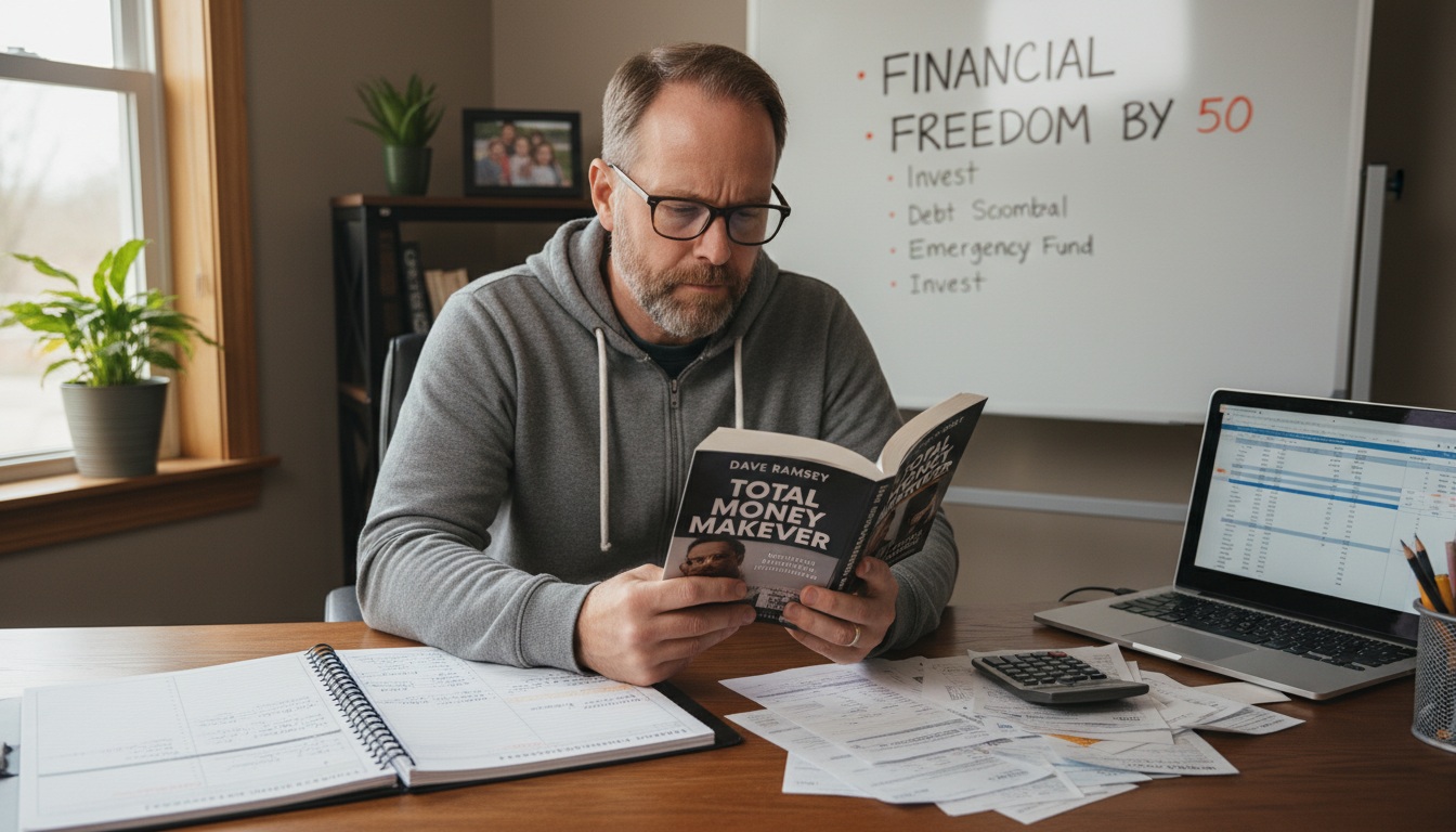 Man in his 40s reading The Total Money Makeover by Dave Ramsey at home desk with budget planner and financial documents, showing determination for financial independence