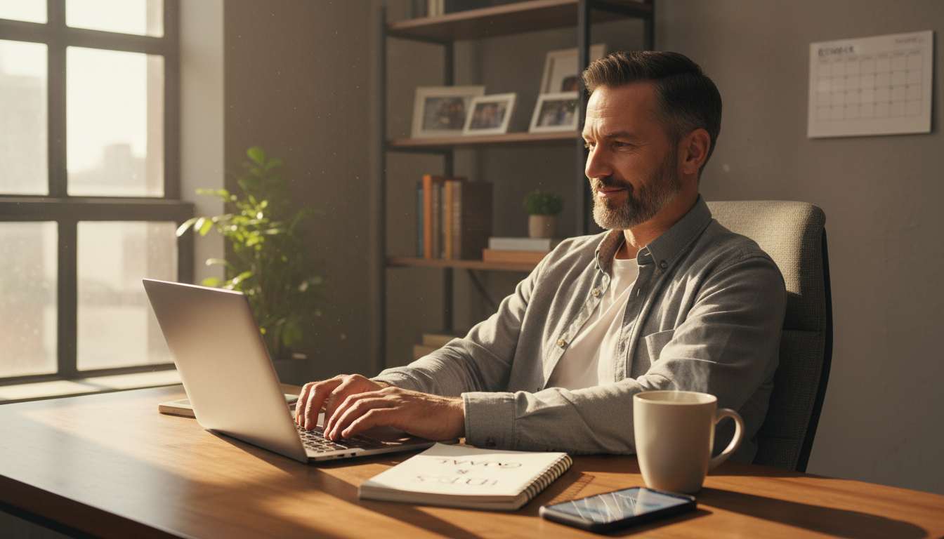 Confident man in his 40s working on a laptop at home, exploring trending side hustles for men 40 plus in 2026
