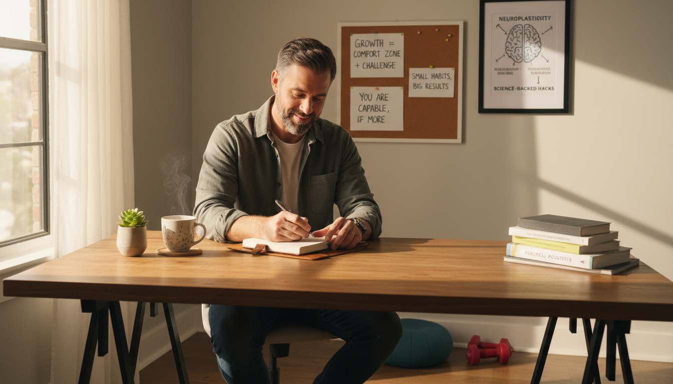 Confident man over 40 journaling in a home office, representing mindset hacks and mental resilience for 2026.