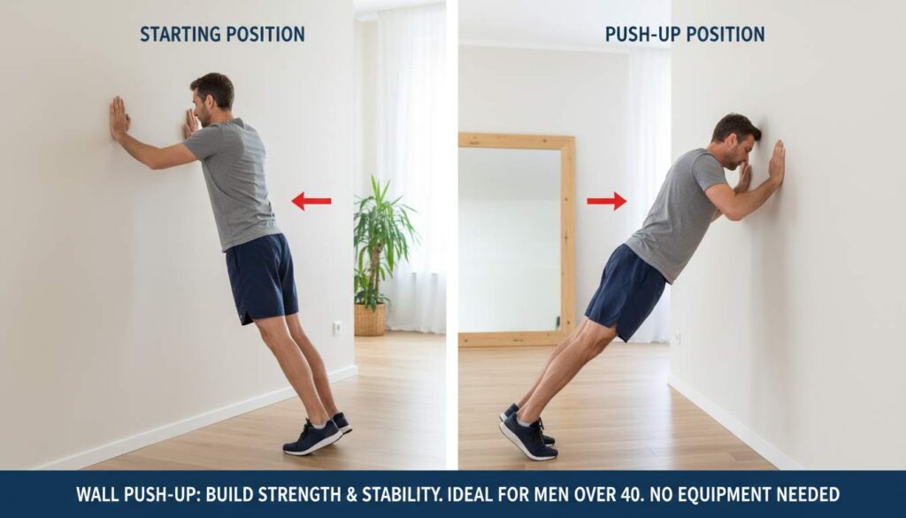 Man in his 40s performing a wall push-up at home, step-by-step, no equipment needed.