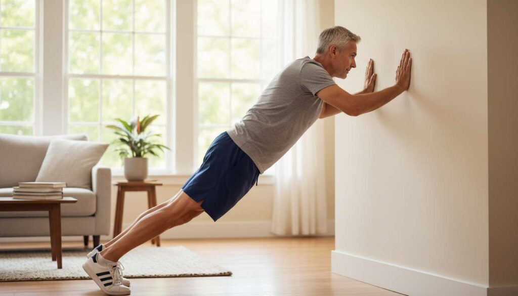 Man in his 40s performing a wall push-up at home, functional strength training