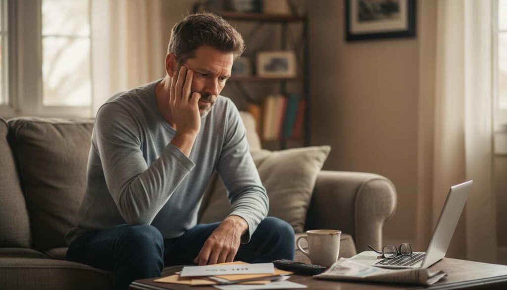 Thoughtful man in his 40s sitting on a couch, reflecting on setbacks and challenges after 40.