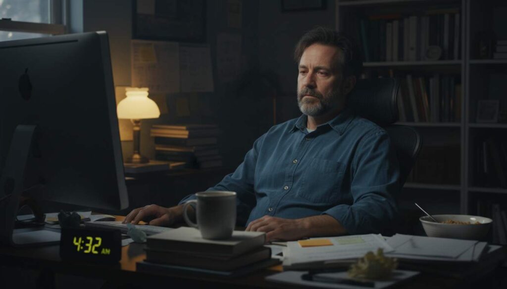 Man in his 40s looking fatigued at a home desk, with messy papers and a coffee mug, showing early signs of burnout at work.
