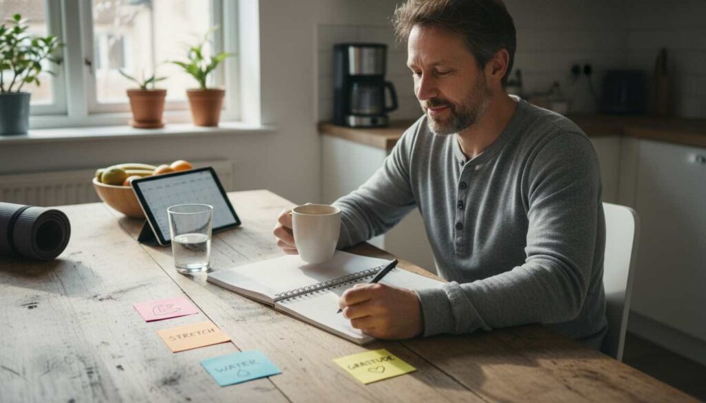 Man in his 40s writing in habit tracker at kitchen table, habit stacking concept