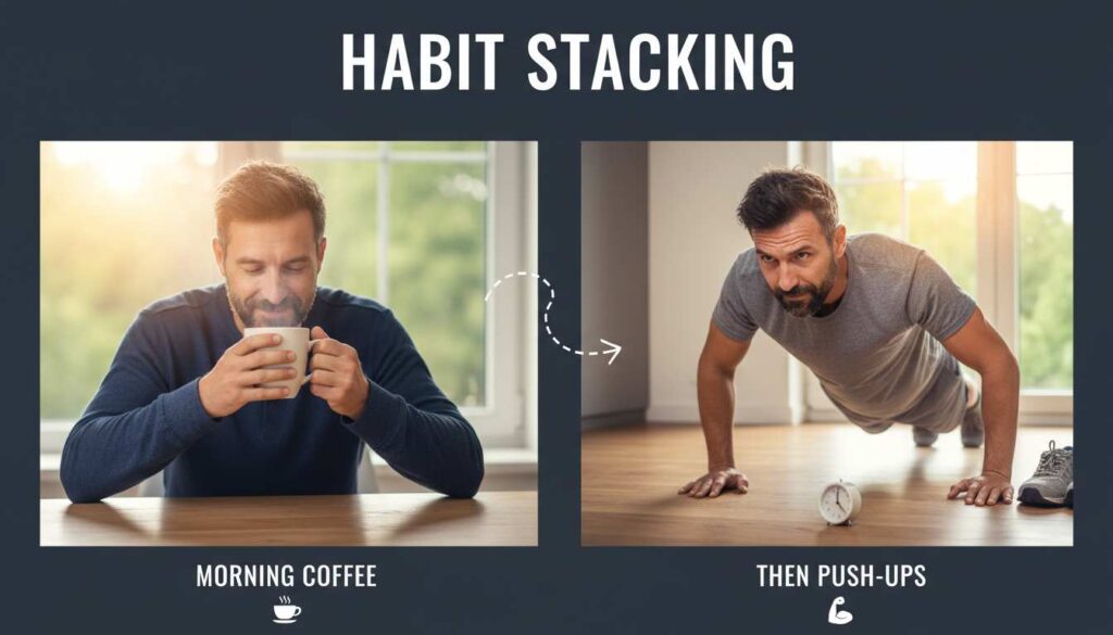 Split screen showing man in his 40s drinking morning coffee then doing push-ups, illustrating the habit stacking concept for fitness routines