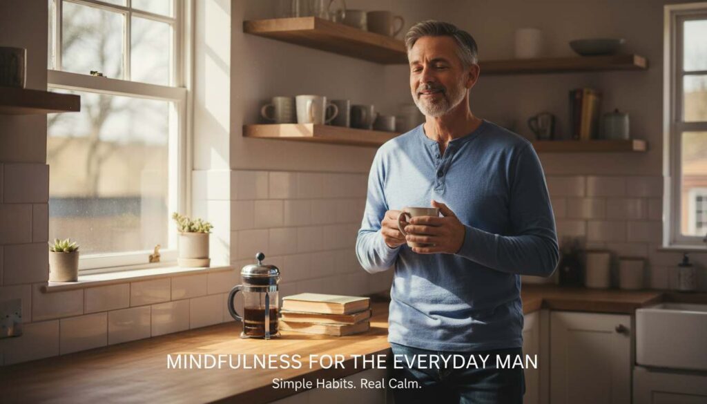 Man in his 40s practicing everyday mindfulness with coffee in a bright kitchen, illustrating “What is Mindfulness, Really?” for men