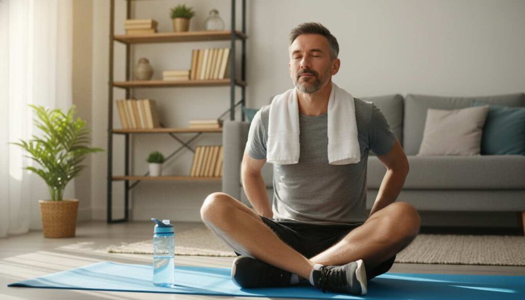 Man in his 40s relaxing on a yoga mat after a workout, focusing on post-workout recovery and self-care