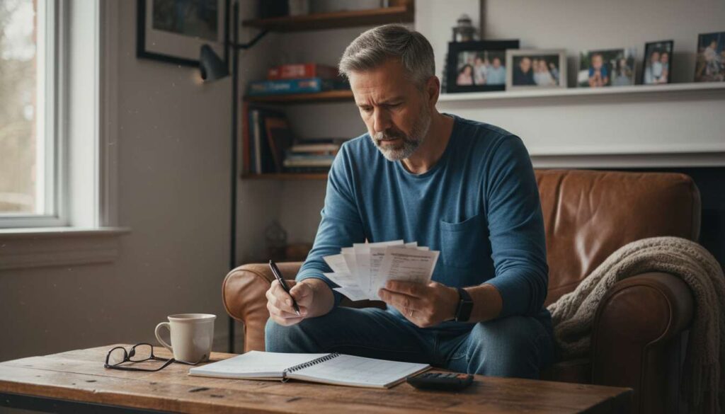 Middle-aged man reflecting on bills and debt at home after 40