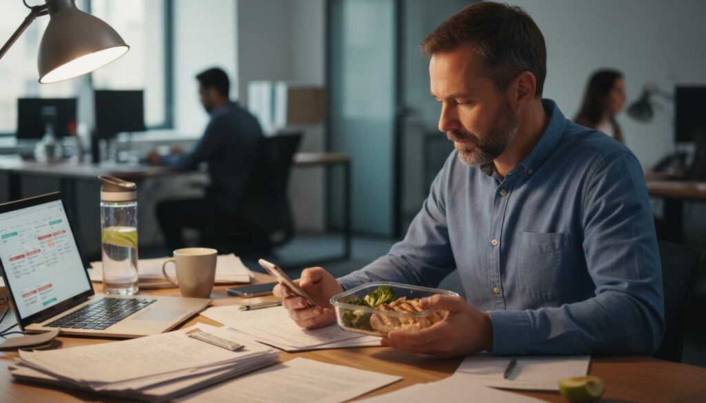 Man in his 40s at work desk checking a busy calendar on his phone while holding a healthy lunch container, illustrating the importance of diet trends for busy men in 2026